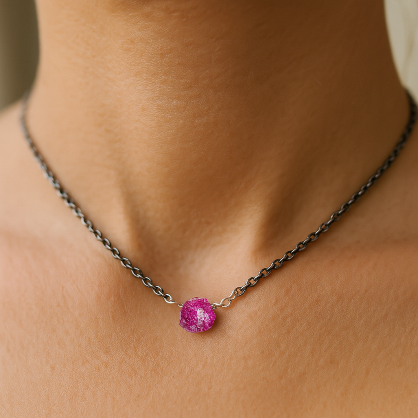 Raw Ruby Handmade Pendant with Chain in Sterling Silver