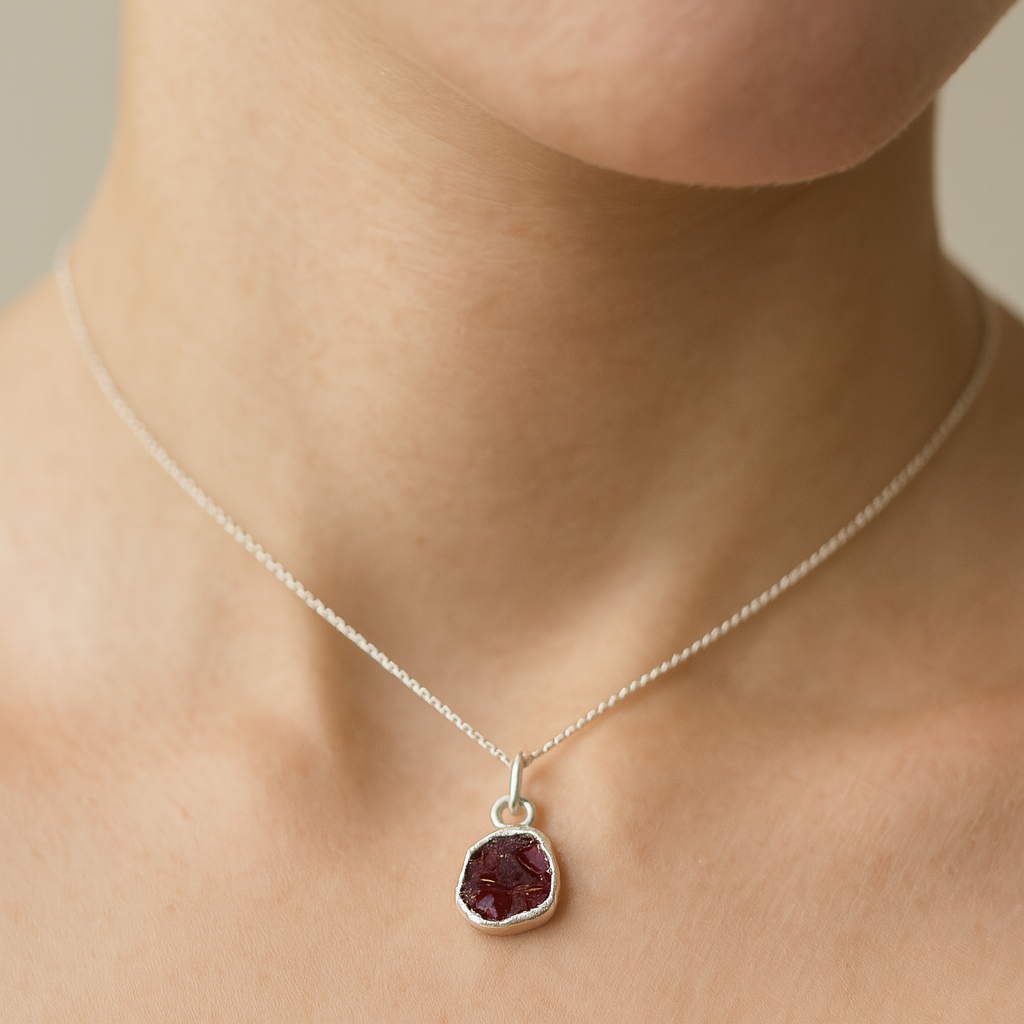 Raw Garnet Handmade Pendant in Sterling Silver