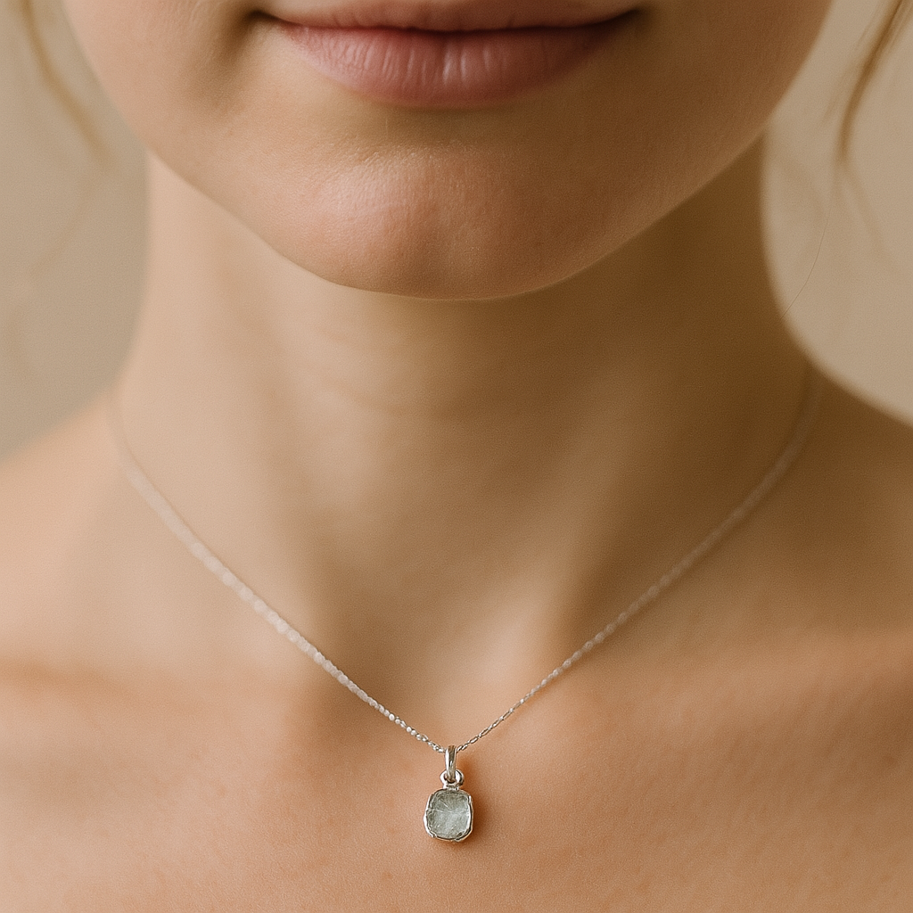 Raw Aquamarine Handmade Pendant in Sterling Silver