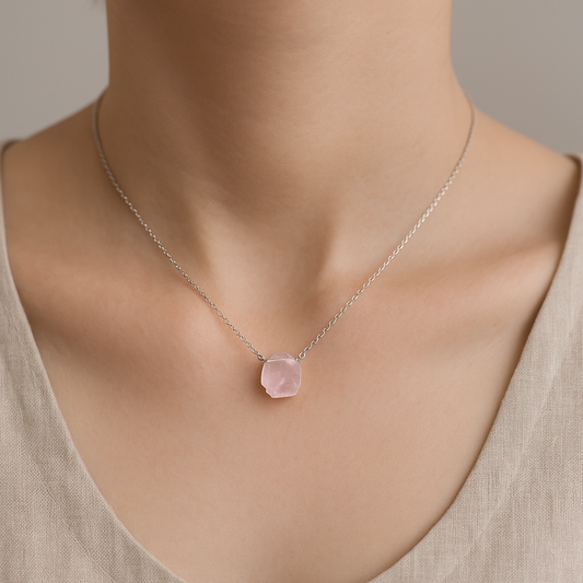 Raw Rose Quartz Handmade Pendant with Chain in Sterling Silver