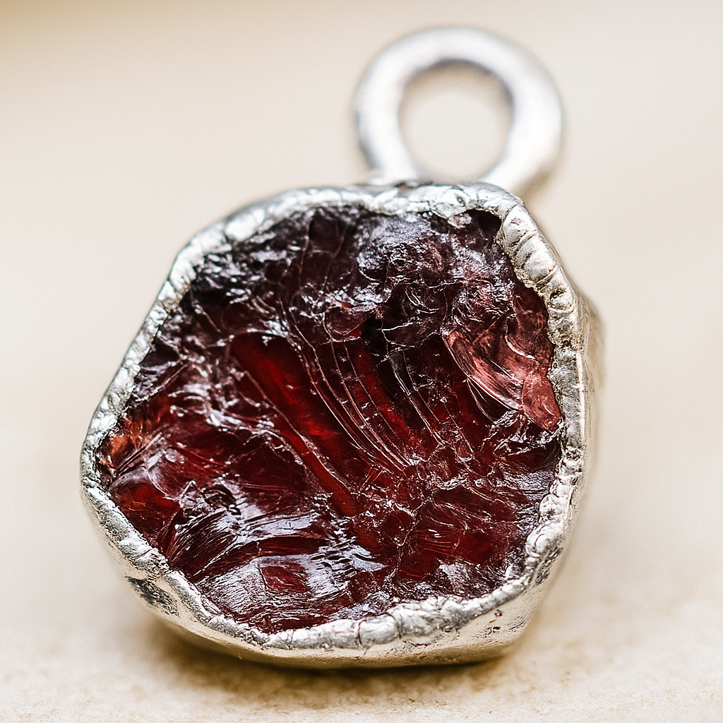 Raw Garnet Handmade Pendant in Sterling Silver