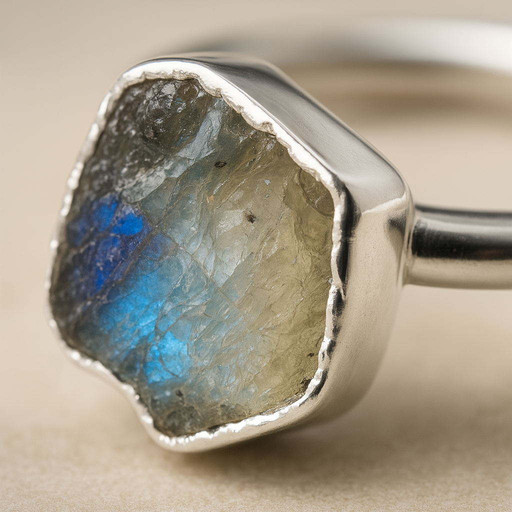 Raw Rainbow Moonstone Handmade Adjustable Ring in Sterling Silver