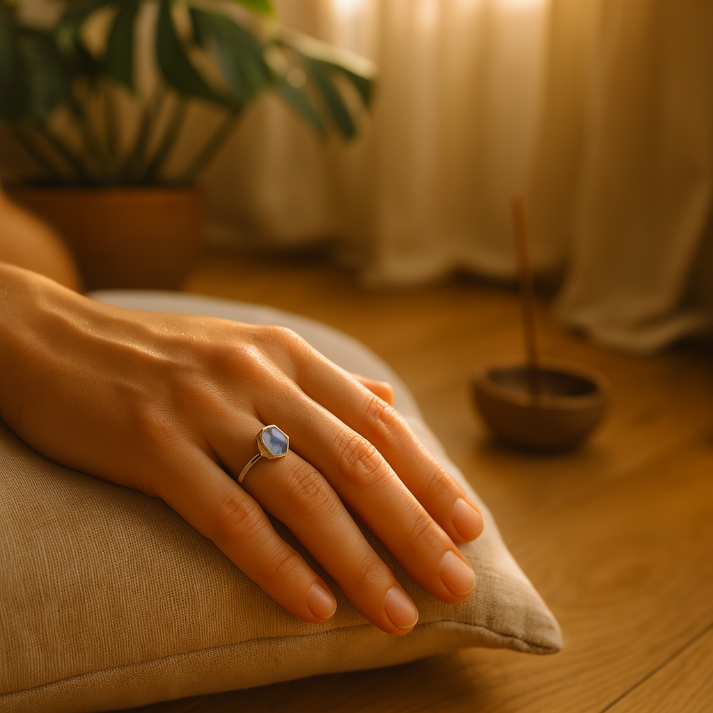 Raw Rainbow Moonstone Handmade Adjustable Ring in Sterling Silver