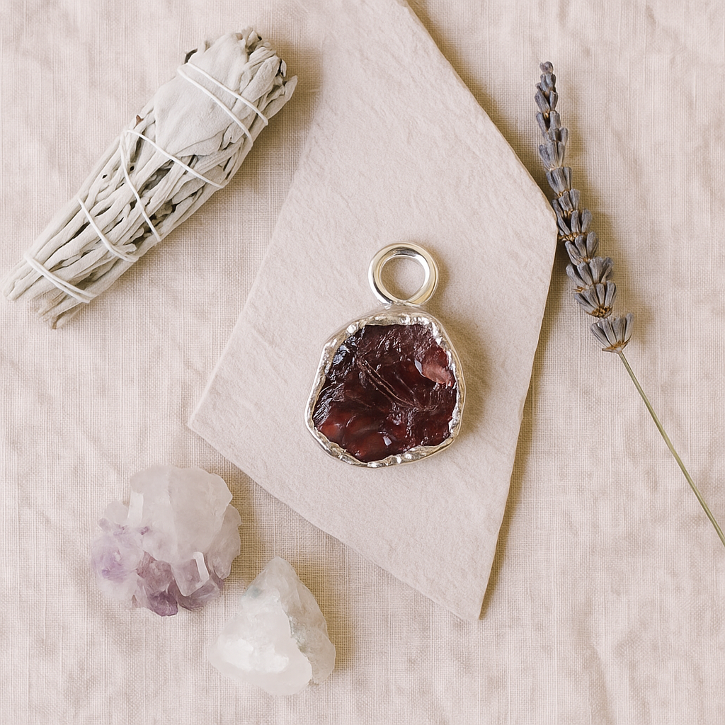 Raw Garnet Handmade Pendant in Sterling Silver