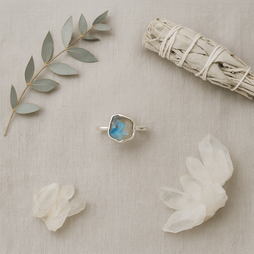Raw Rainbow Moonstone Handmade Adjustable Ring in Sterling Silver