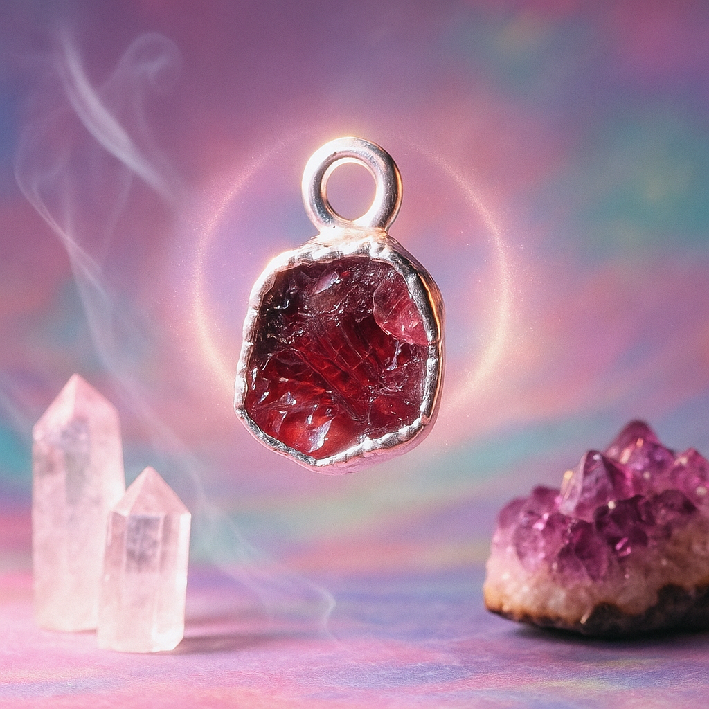 Raw Garnet Handmade Pendant in Sterling Silver