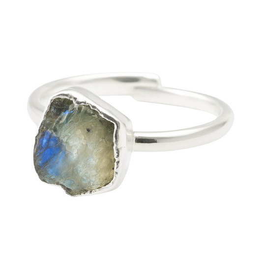 Raw Rainbow Moonstone Handmade Adjustable Ring in Sterling Silver