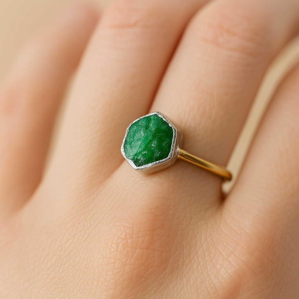 Raw Emerald Adjustable Ring in Sterling Silver