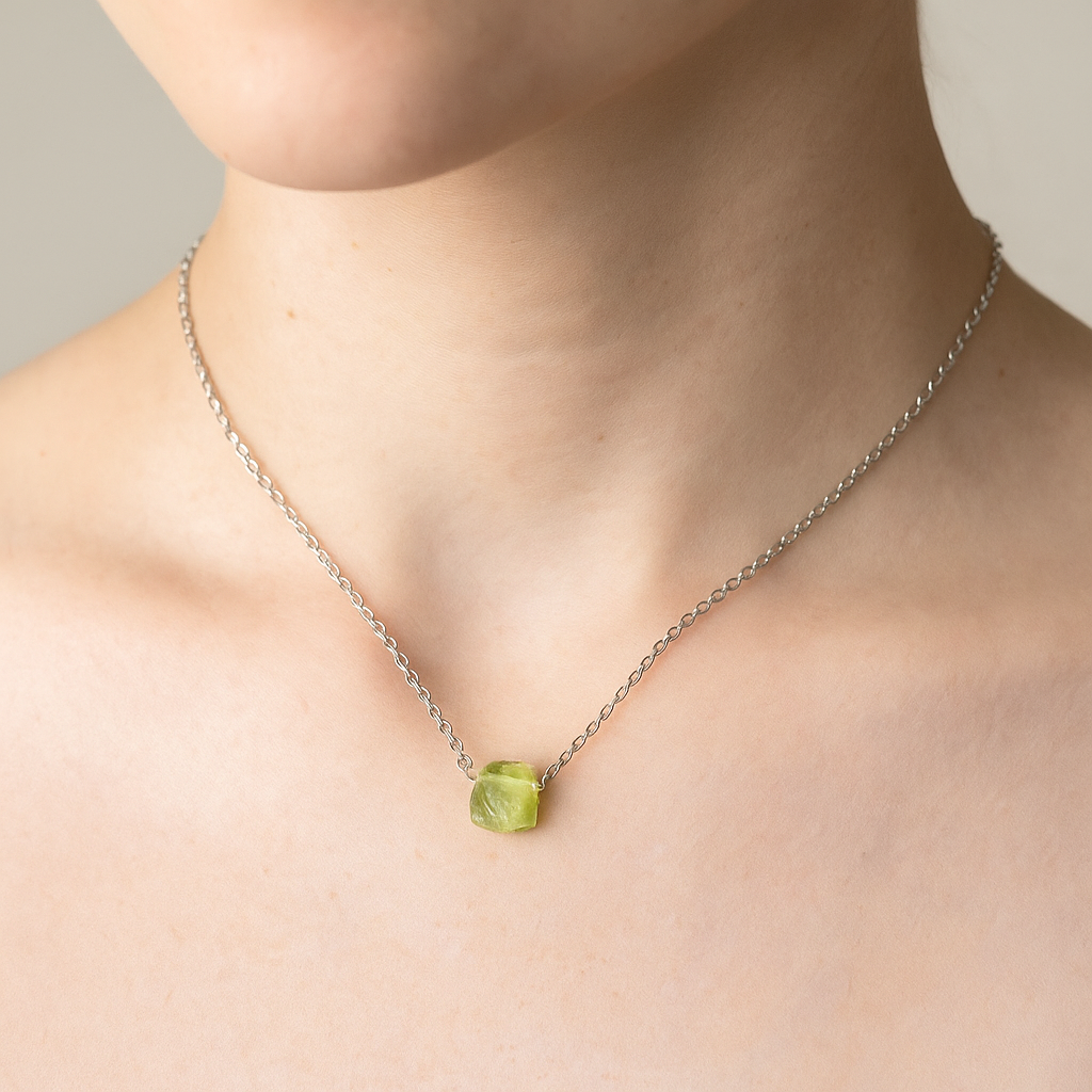 Raw Peridot Pendant & Chain – Sterling Silver