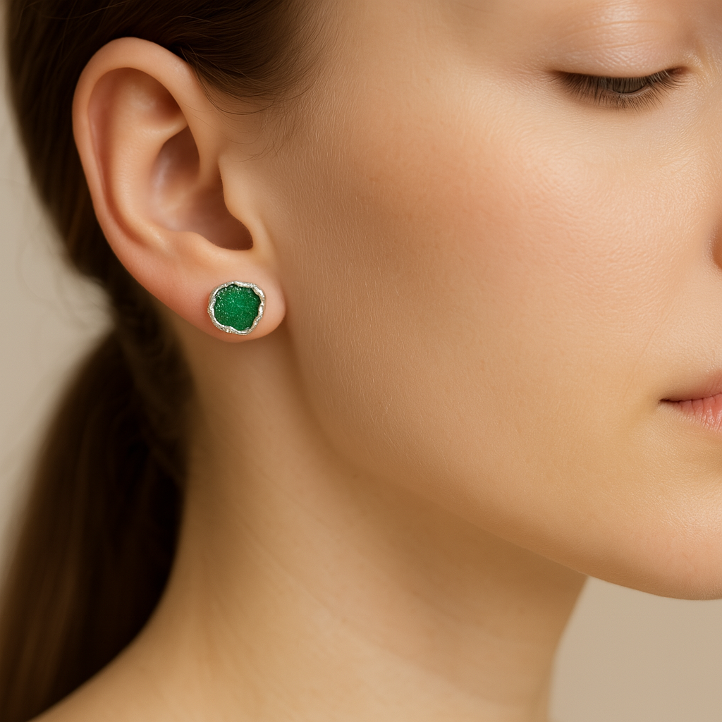 Raw Emerald Handmade Earrings in Sterling Silver