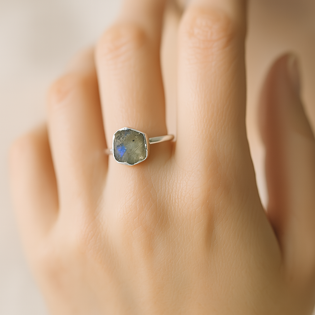 Raw Rainbow Moonstone Handmade Adjustable Ring in Sterling Silver