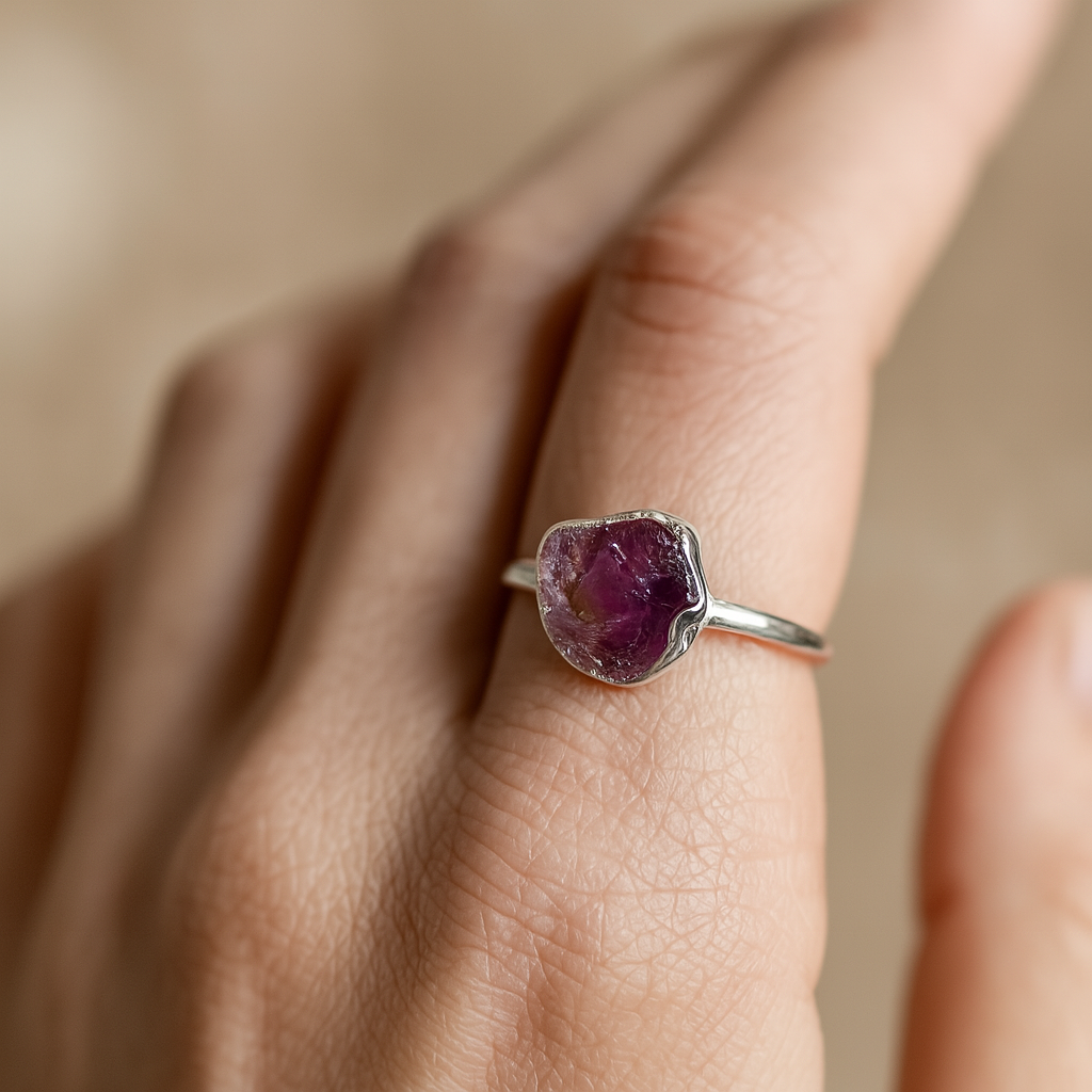 Raw Amethyst Handmade Adjustable Ring in Sterling Silver