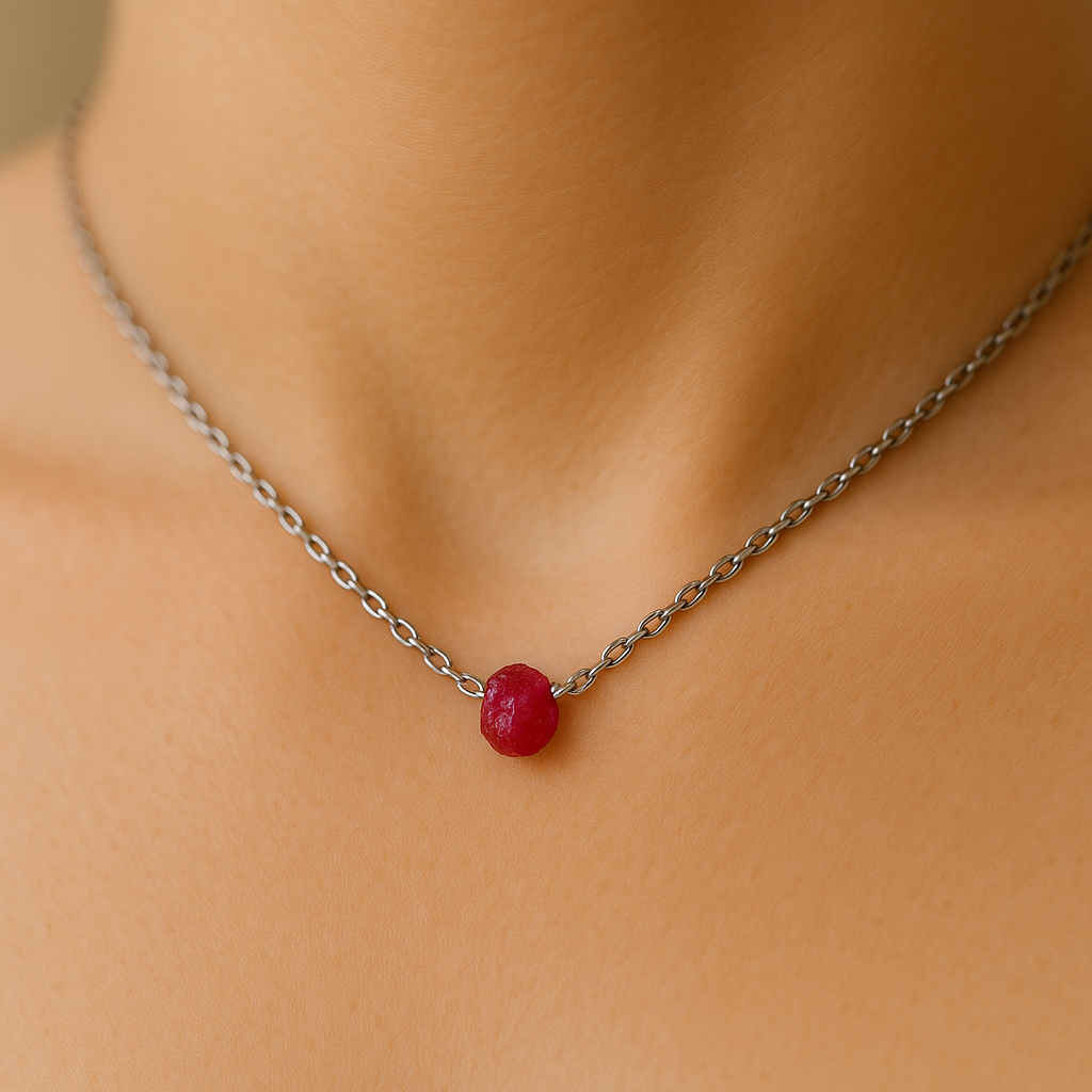 Raw Garnet Handmade Pendant with Chain in Sterling Silver