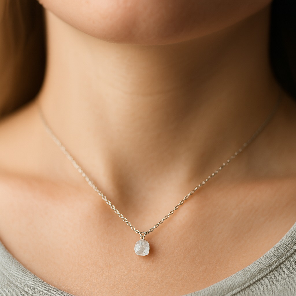 Raw Rainbow Moonstone Handmade Pendant with Chain in Sterling Silver