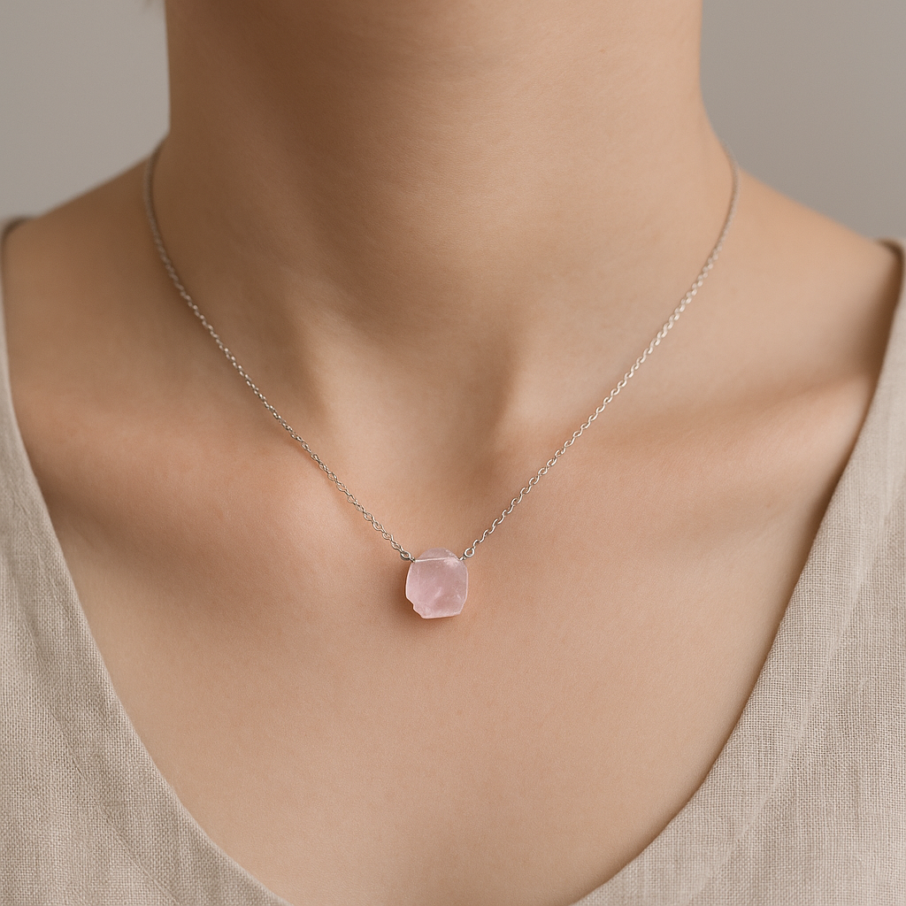 Raw Rose Quartz Handmade Pendant with Chain in Sterling Silver