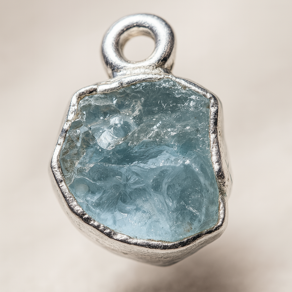 Raw Aquamarine Handmade Pendant in Sterling Silver
