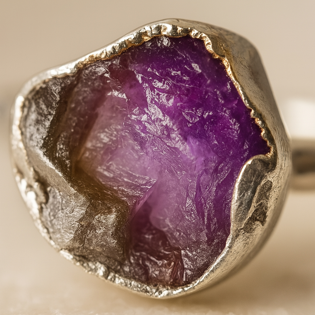 Raw Amethyst Handmade Adjustable Ring in Sterling Silver
