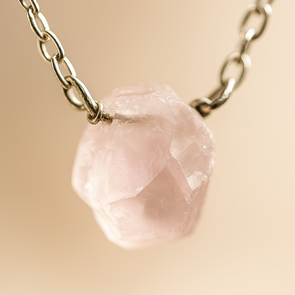Raw Rose Quartz Handmade Pendant with Chain in Sterling Silver