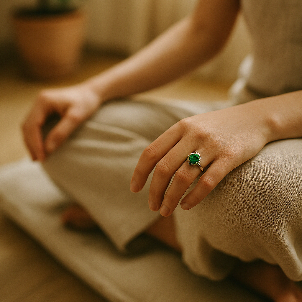 Raw Emerald Adjustable Ring in Sterling Silver