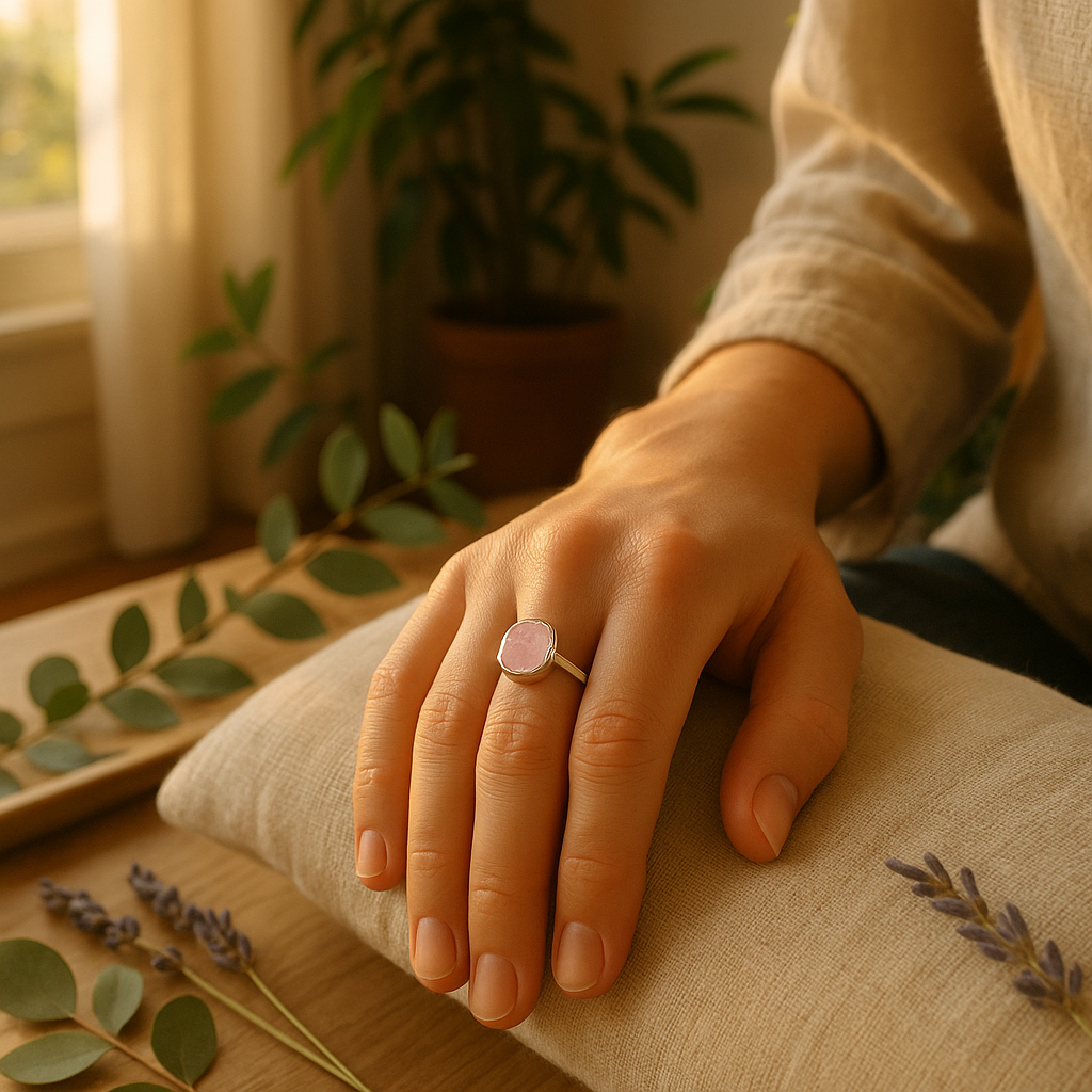 Raw Rose Quartz Handmade Adjustable Ring in Sterling Silver