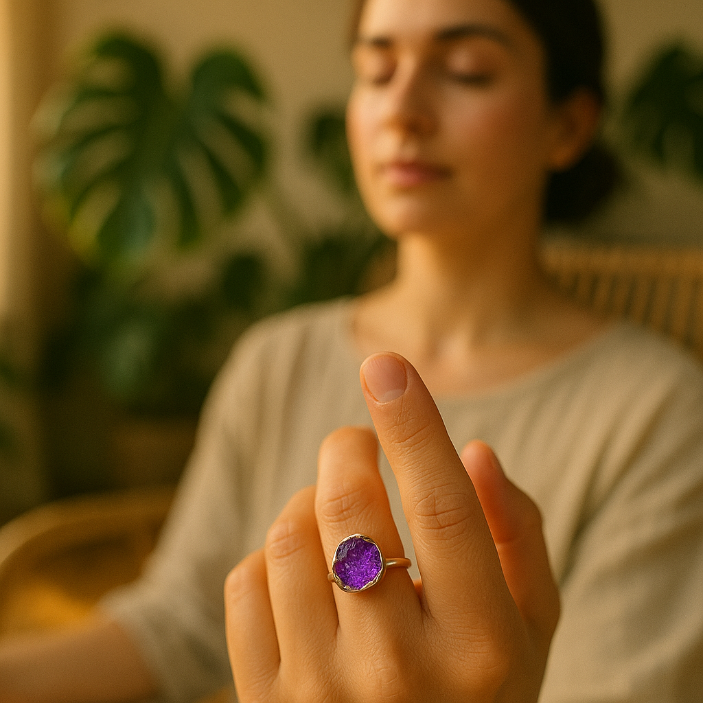 Raw Amethyst Handmade Adjustable Ring in Sterling Silver
