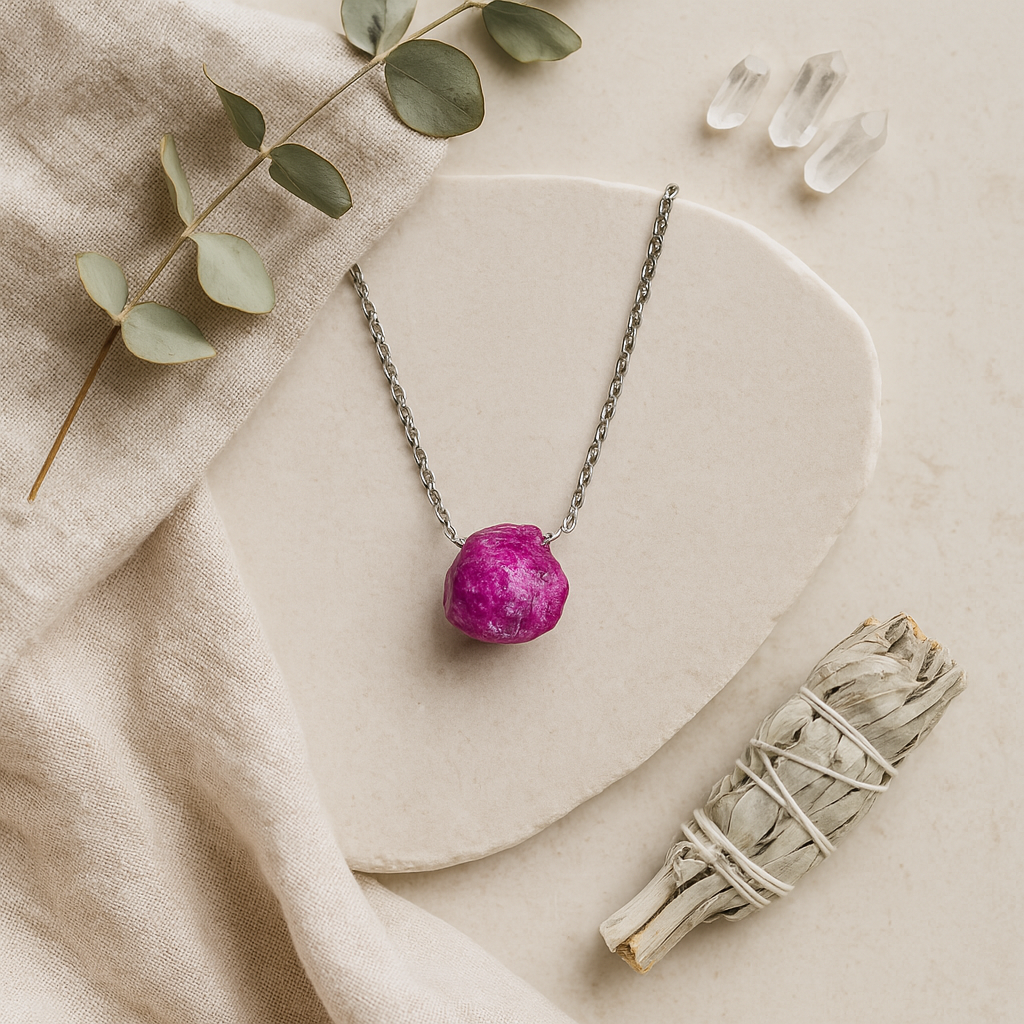 Raw Ruby Handmade Pendant with Chain in Sterling Silver