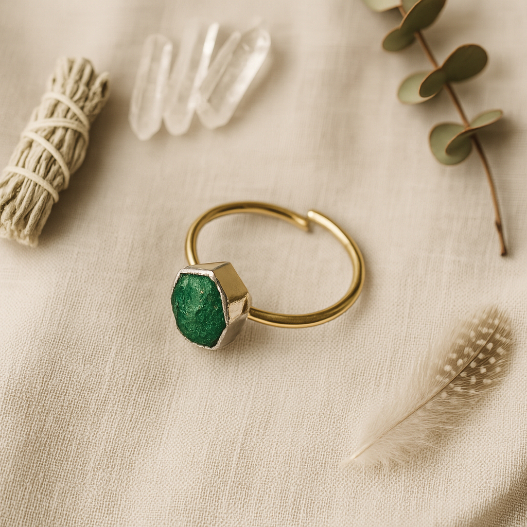 Raw Emerald Adjustable Ring in Sterling Silver