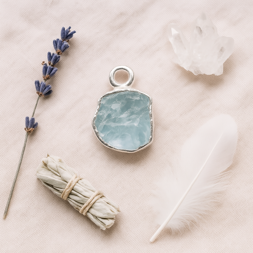 Raw Aquamarine Handmade Pendant in Sterling Silver