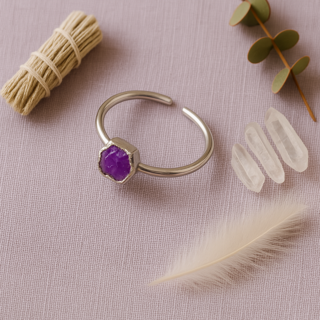 Raw Amethyst Handmade Adjustable Ring in Sterling Silver