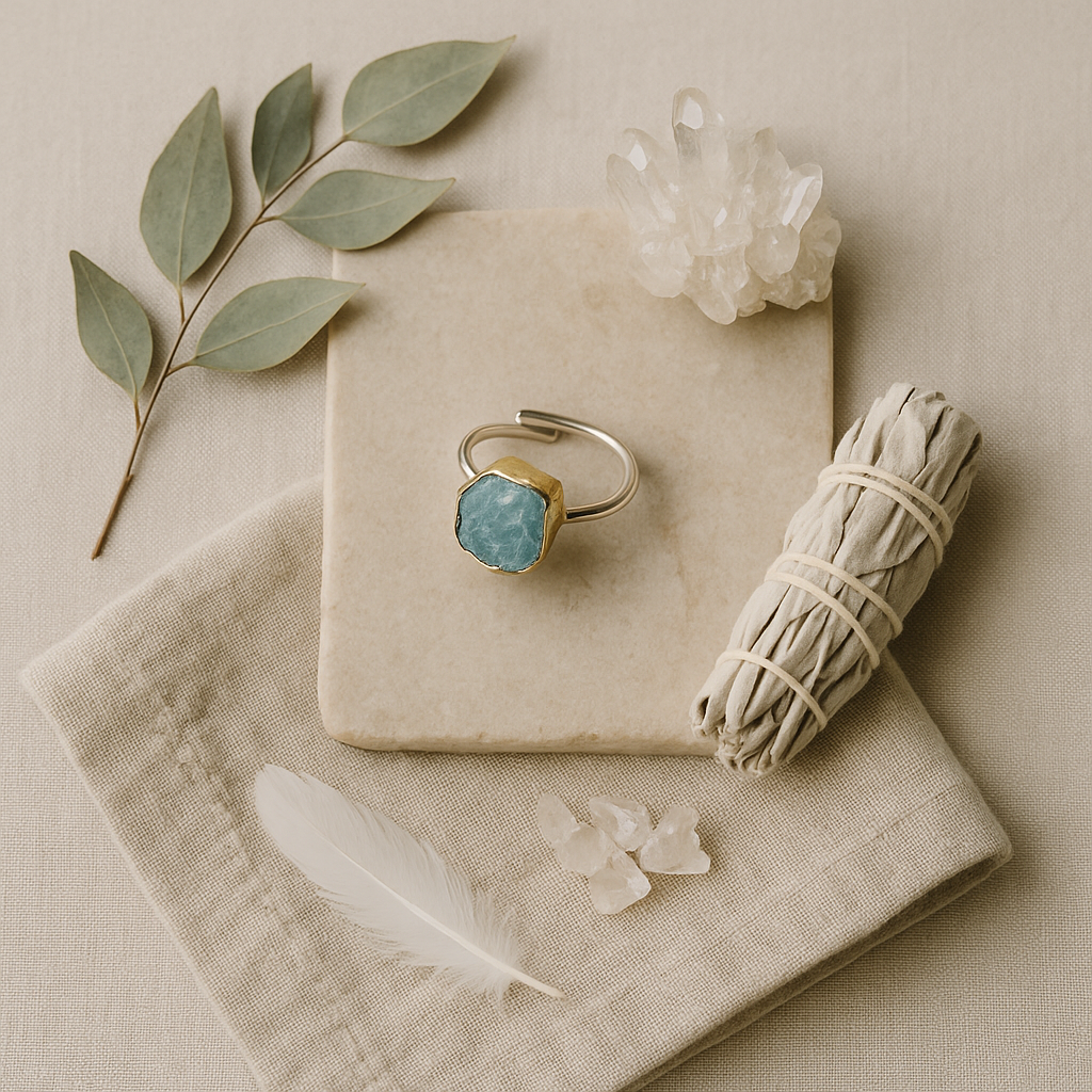 Raw Aquamarine Handmade Adjustable Ring in Sterling Silver