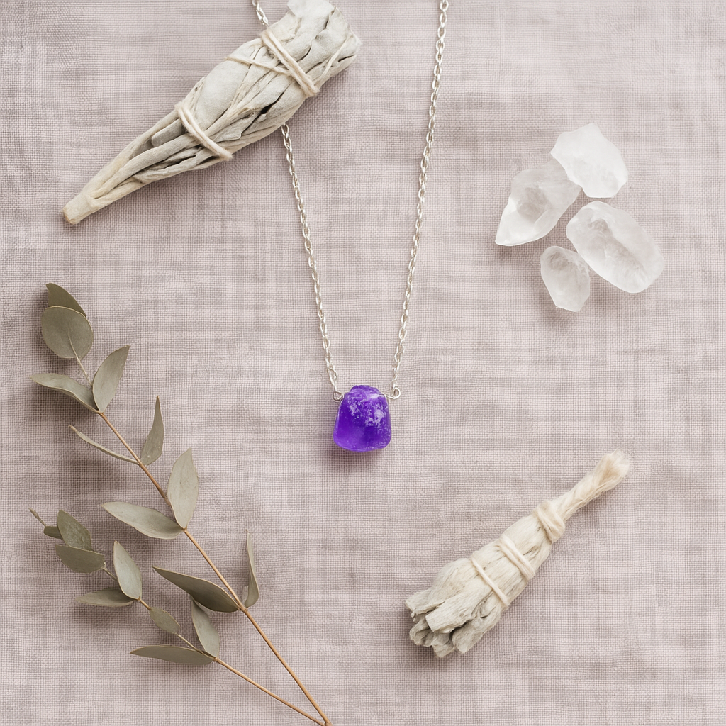 Raw Amethyst Handmade Pendant with Chain in Sterling Silver