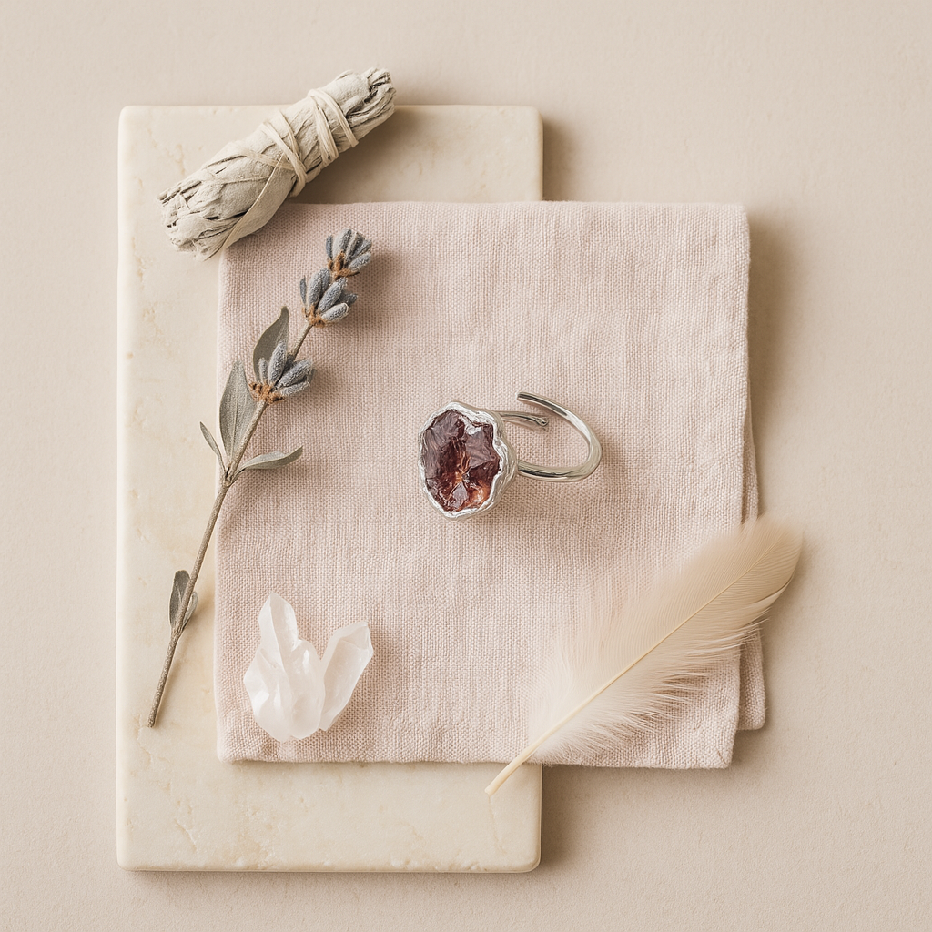 Raw Garnet Adjustable Ring in Sterling Silver