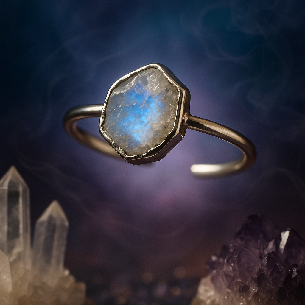 Raw Rainbow Moonstone Handmade Adjustable Ring in Sterling Silver