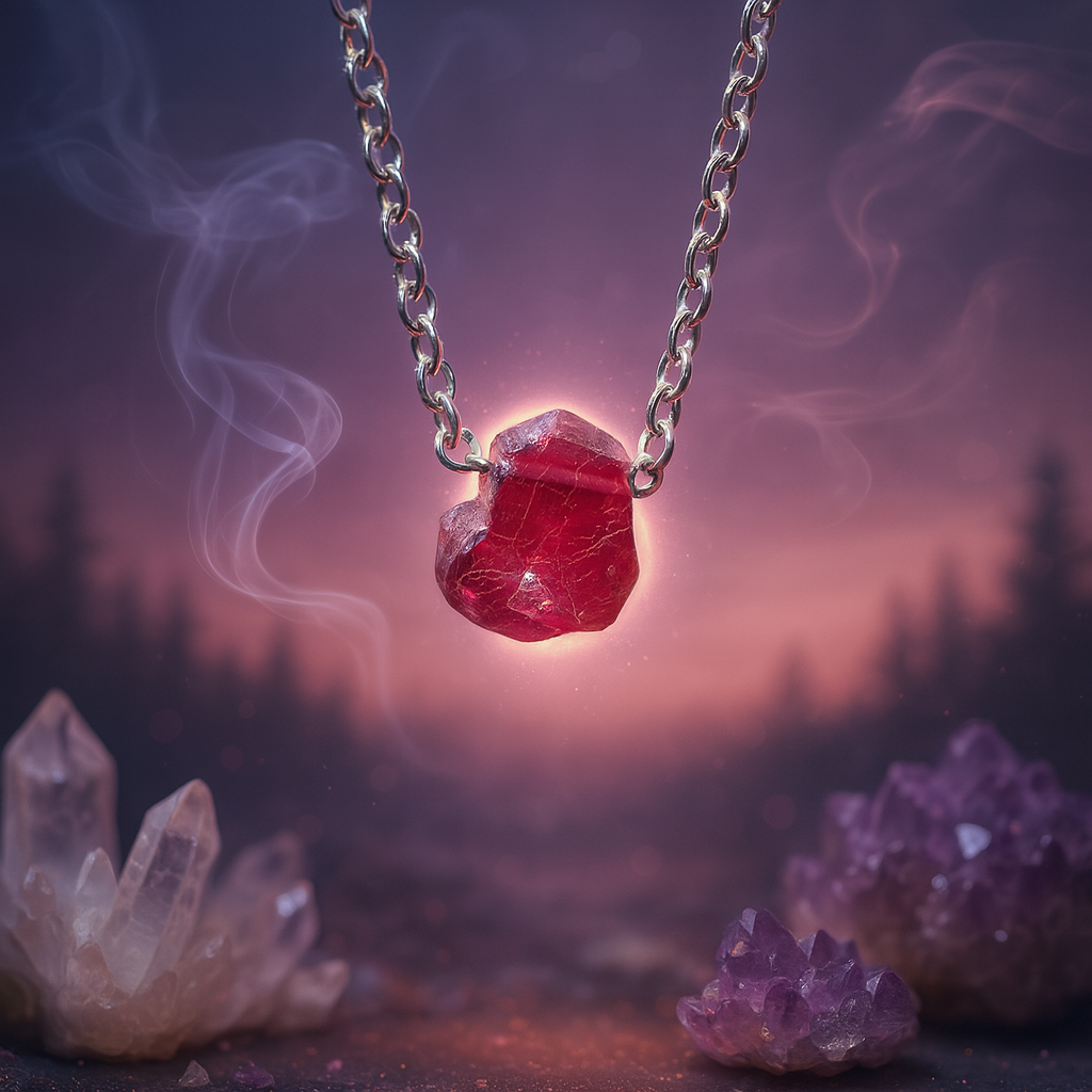 Raw Garnet Handmade Pendant with Chain in Sterling Silver