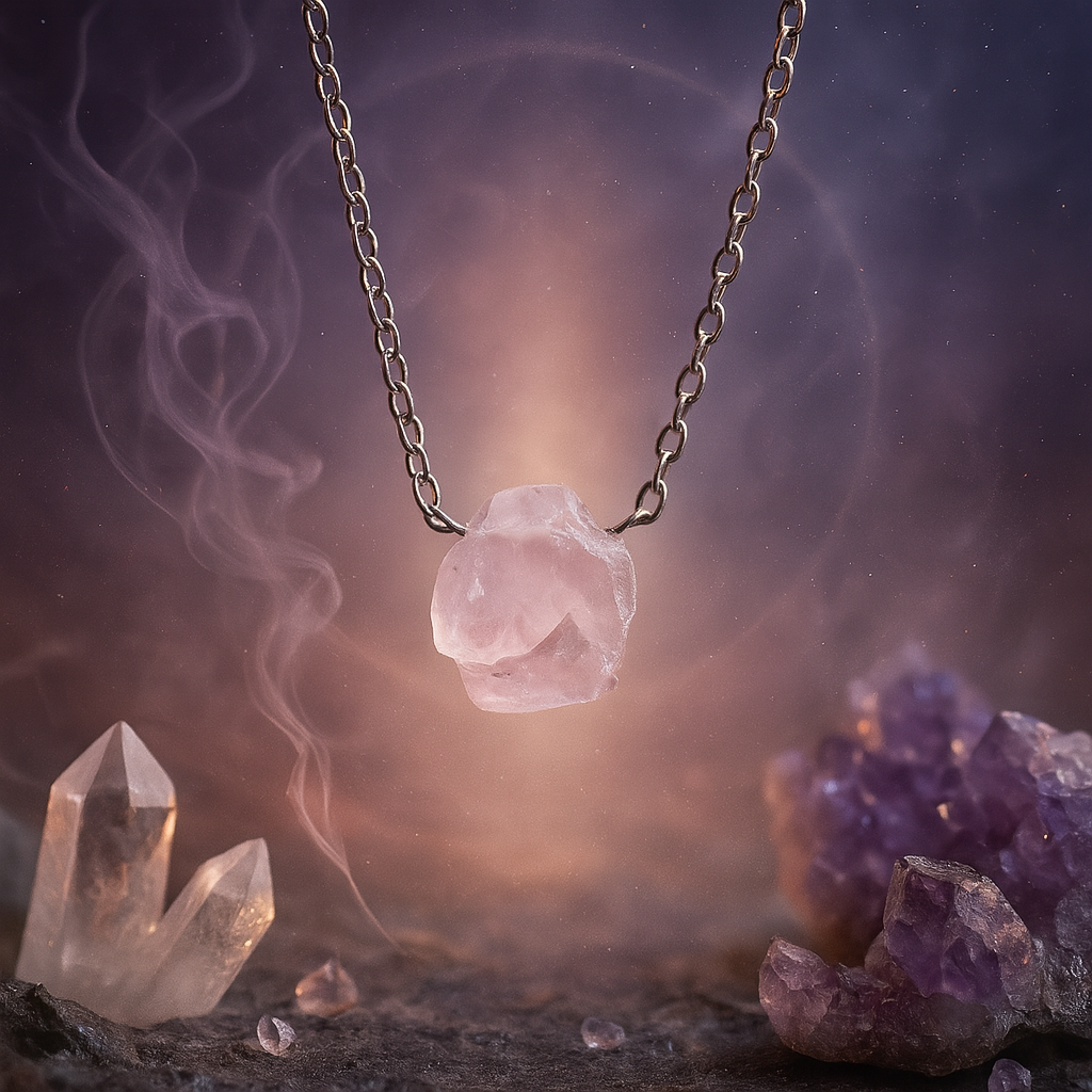 Raw Rose Quartz Handmade Pendant with Chain in Sterling Silver
