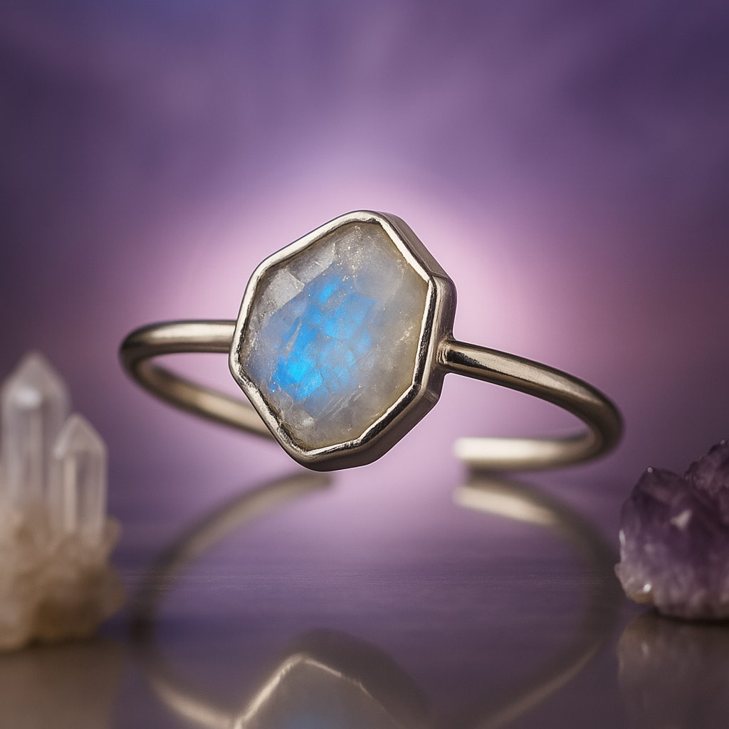 Raw Rainbow Moonstone Handmade Adjustable Ring in Sterling Silver
