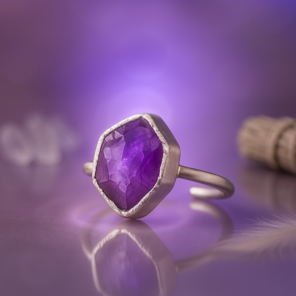 Raw Amethyst Handmade Adjustable Ring in Sterling Silver