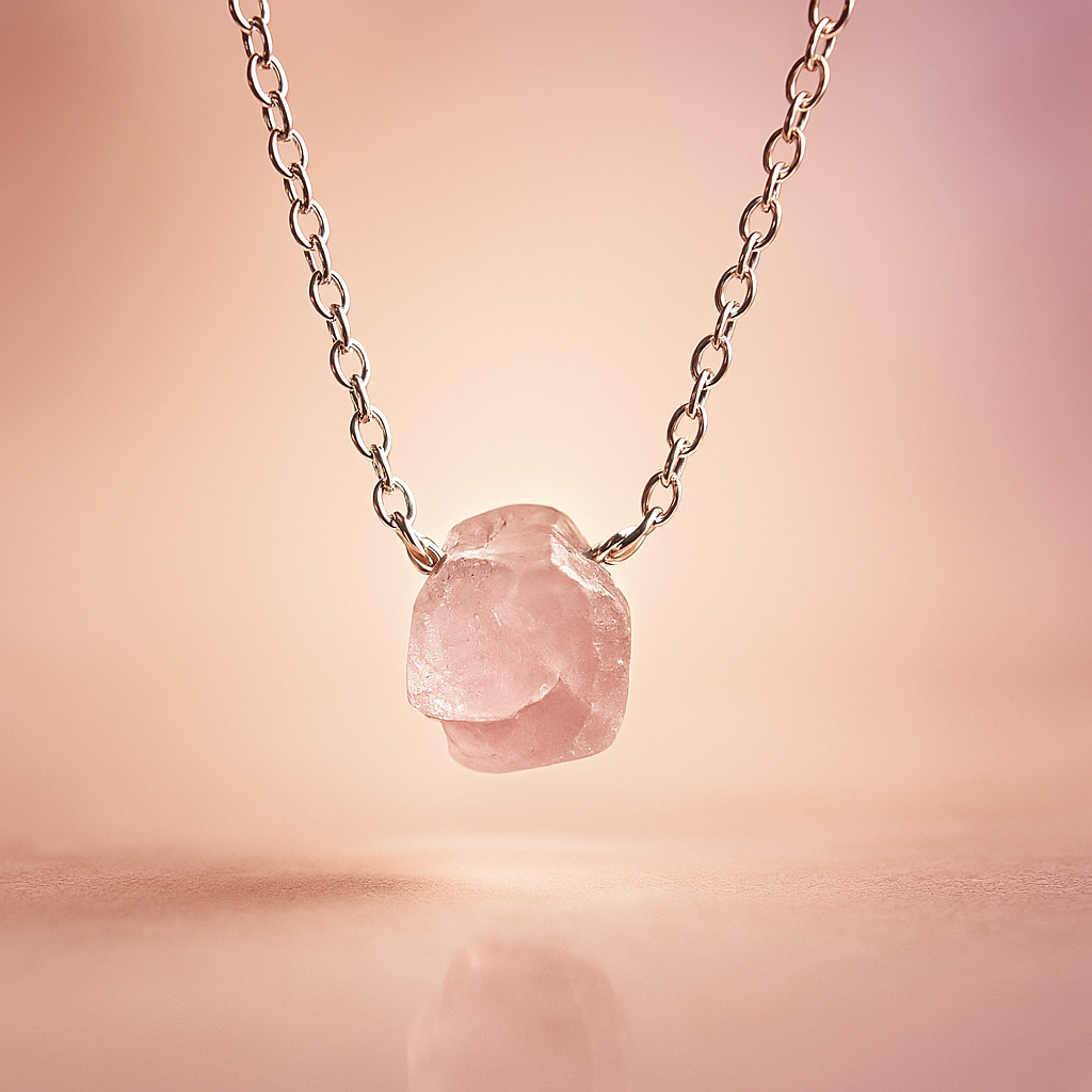 Raw Rose Quartz Handmade Pendant with Chain in Sterling Silver