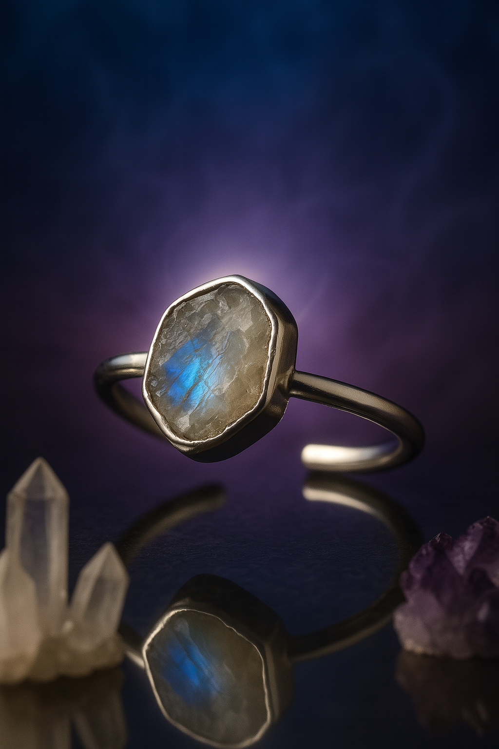 Raw Rainbow Moonstone Handmade Adjustable Ring in Sterling Silver